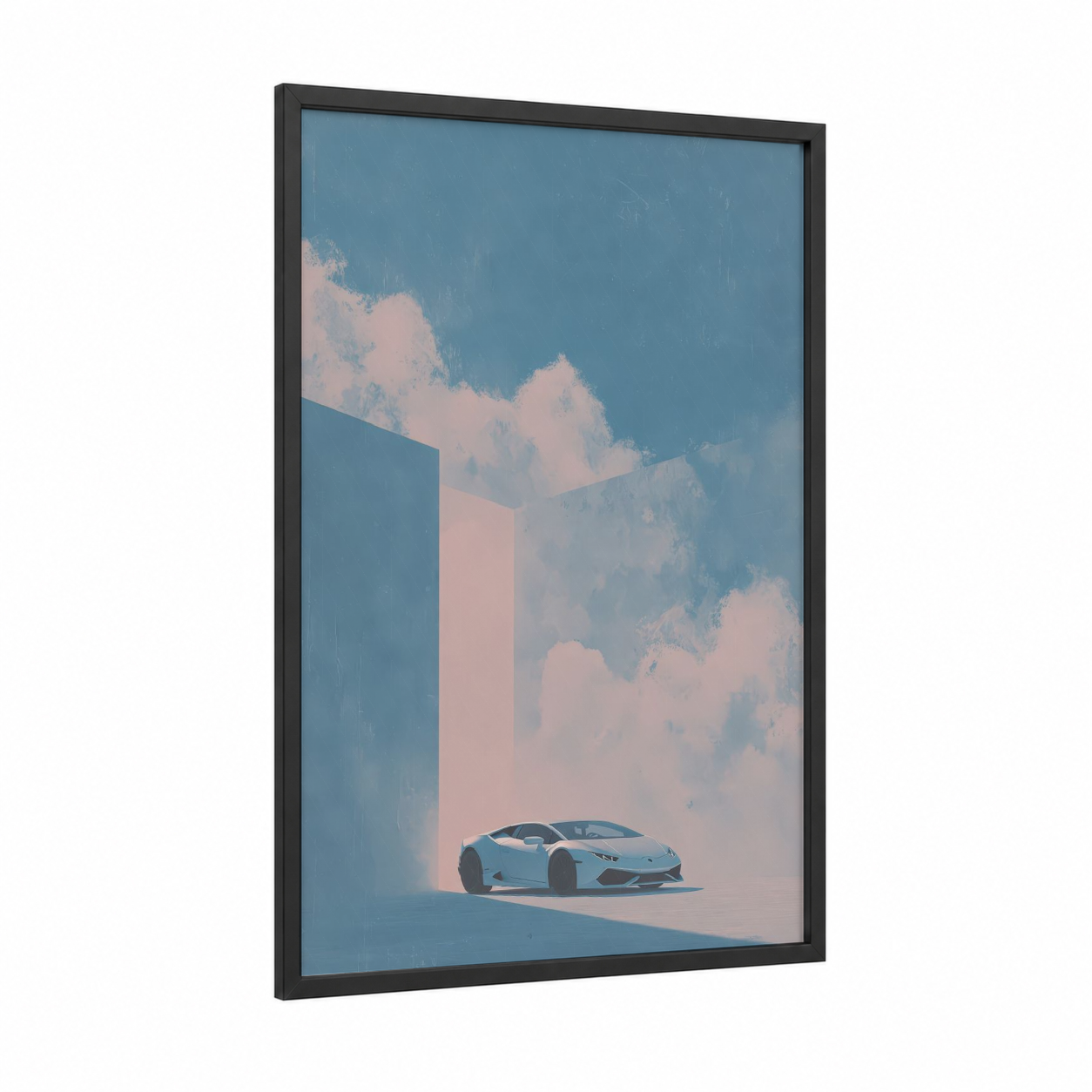 Dreamy Sports Car framed art print — black wood frame — blue and peach palette