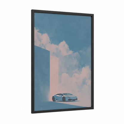 Dreamy Sports Car framed art print — black wood frame — blue and peach palette