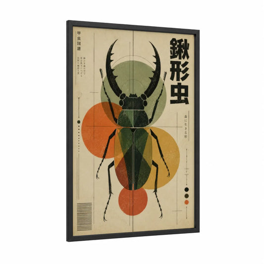 Japanese Beetle Scientific Illustration Wall Art framed art print — black wood frame — green and orange palette