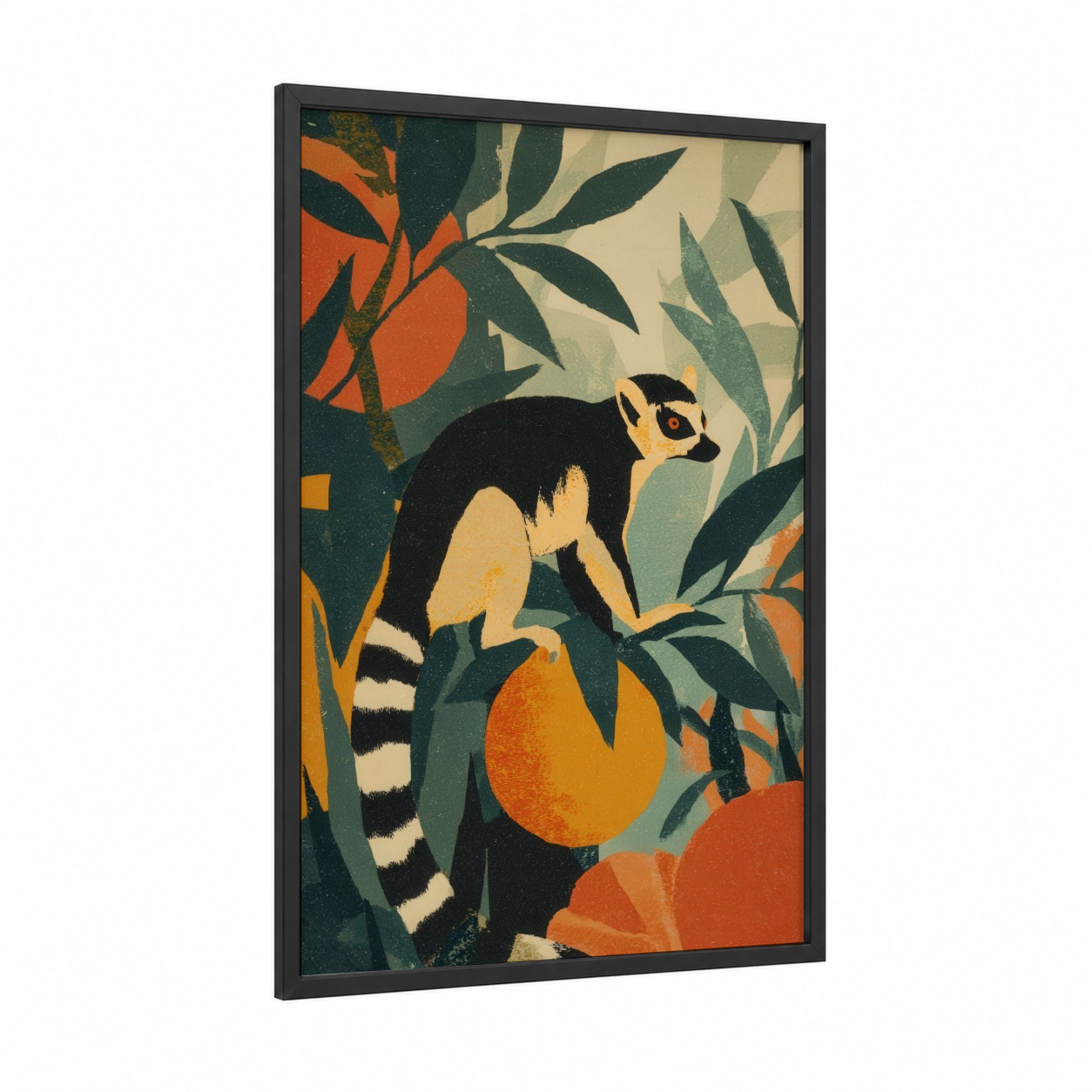 Tropical Lemur framed art print — black wood frame — orange and dark green palette