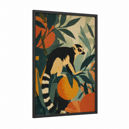 Tropical Lemur framed art print — black wood frame — orange and dark green palette