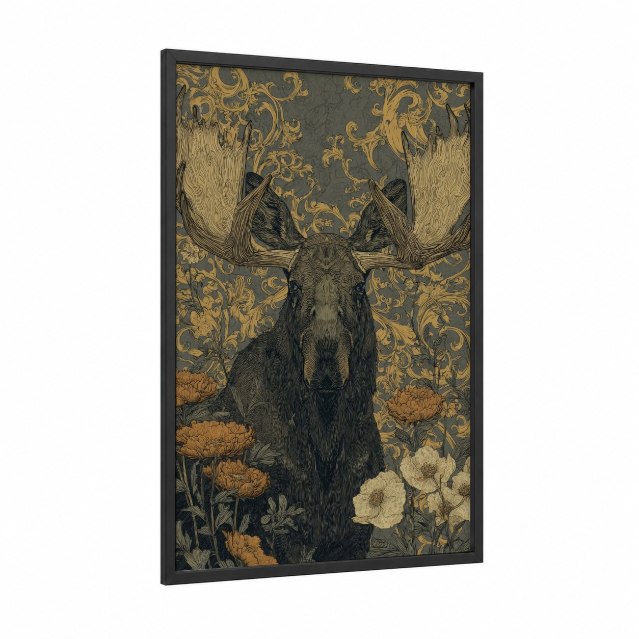 Gilded Moose framed art print — black wood frame — gold and gray palette
