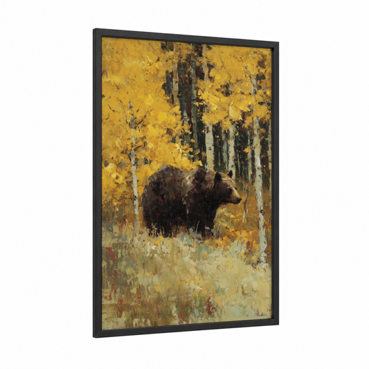 Autumn Grizzly framed grizzly bear print — black wood frame — yellow gold and olive palette