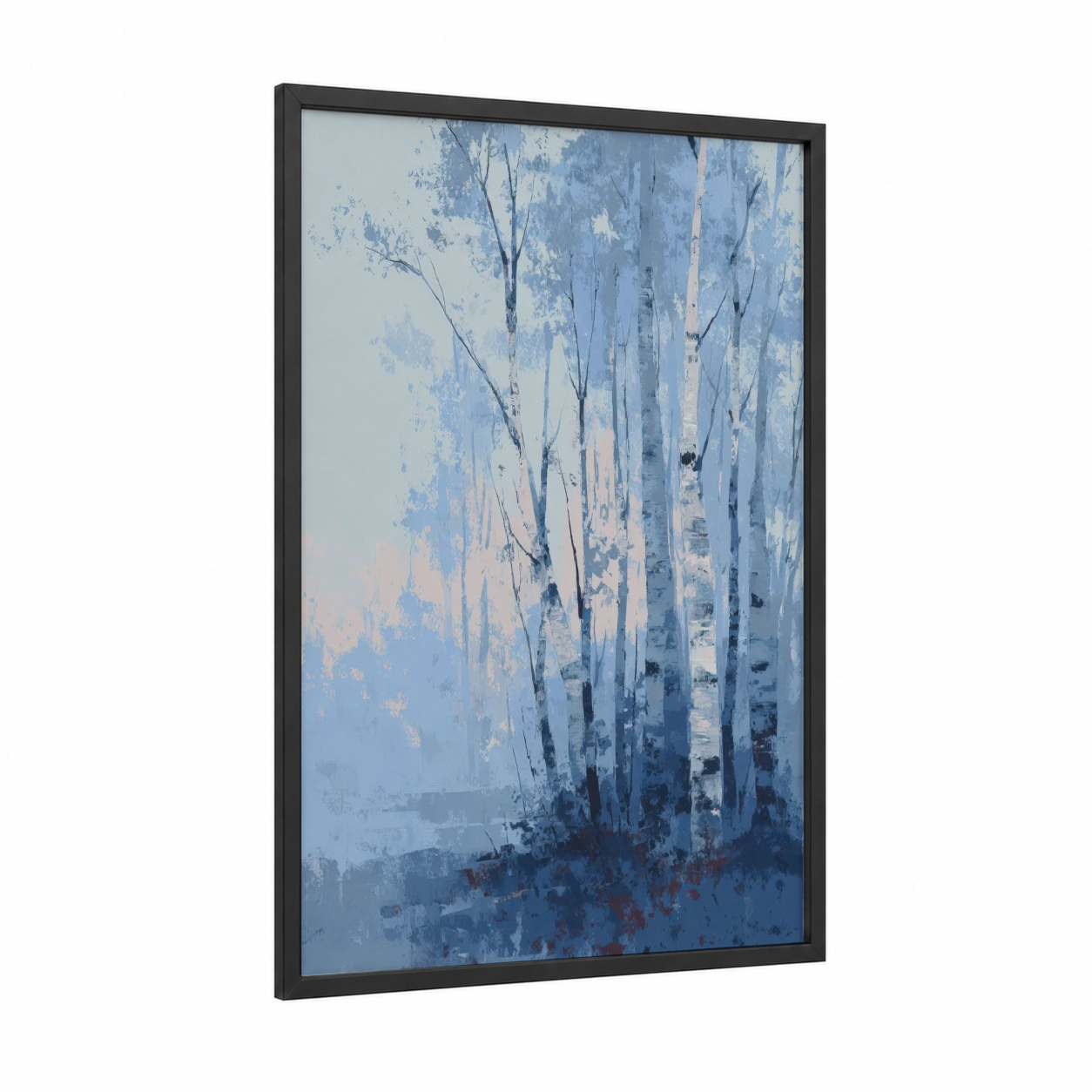 Misty Birch Forest framed art print — black wood frame — blue and white palette