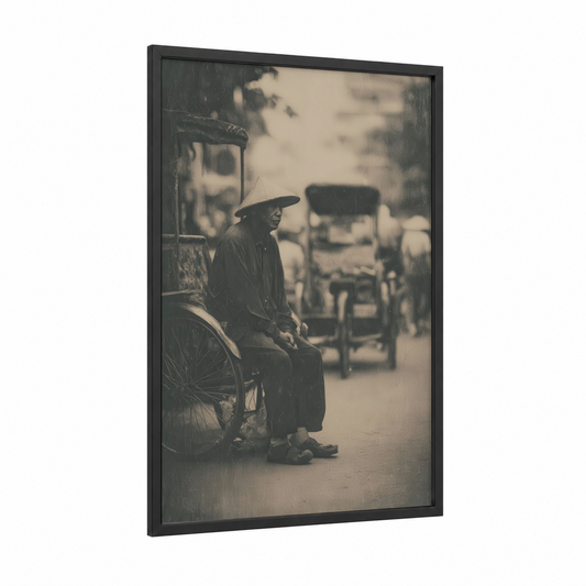Vintage Rickshaw Driver framed art print — black wood frame — black and white and gray palette