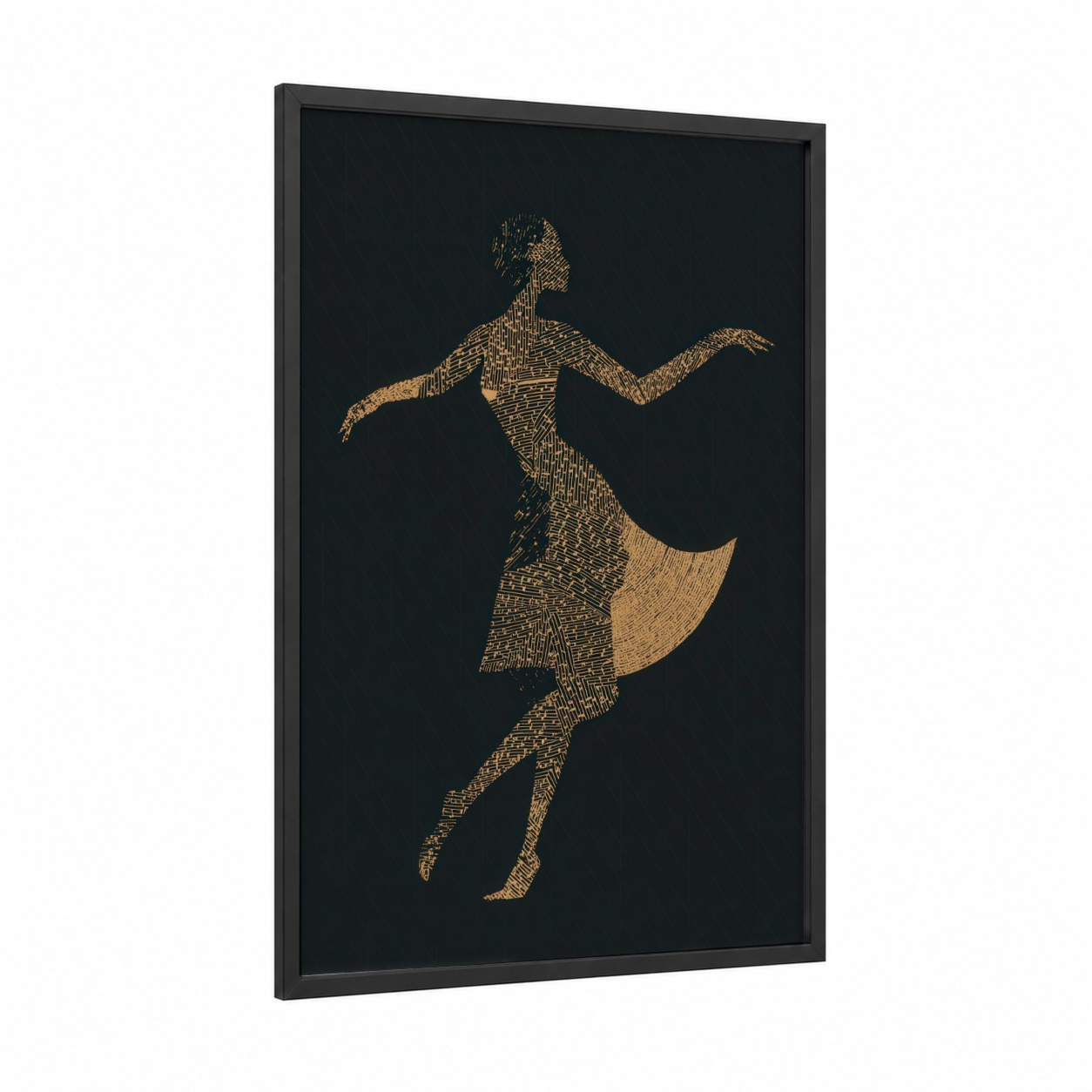 Golden Dancer framed zumba print — black wood frame — gold and black palette