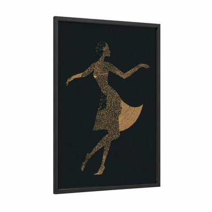 Golden Dancer framed zumba print — black wood frame — gold and black palette