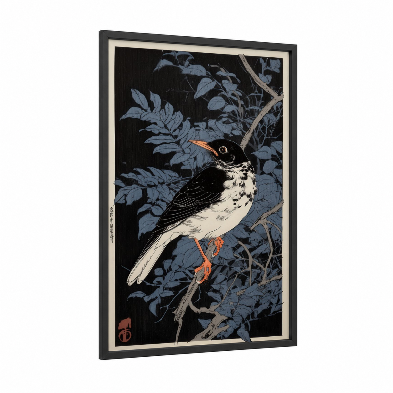 Spotted Thrush framed art print — black wood frame — black and white and blue palette