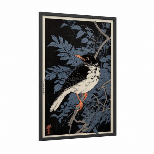 Spotted Thrush framed art print — black wood frame — black and white and blue palette