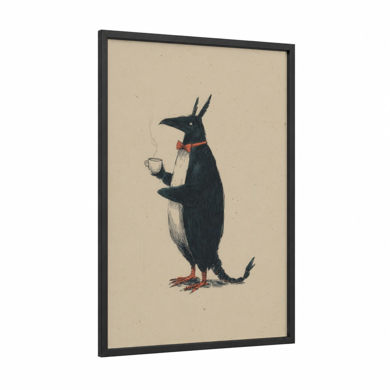 Dapper Chimera framed art print — black wood frame — beige and black palette