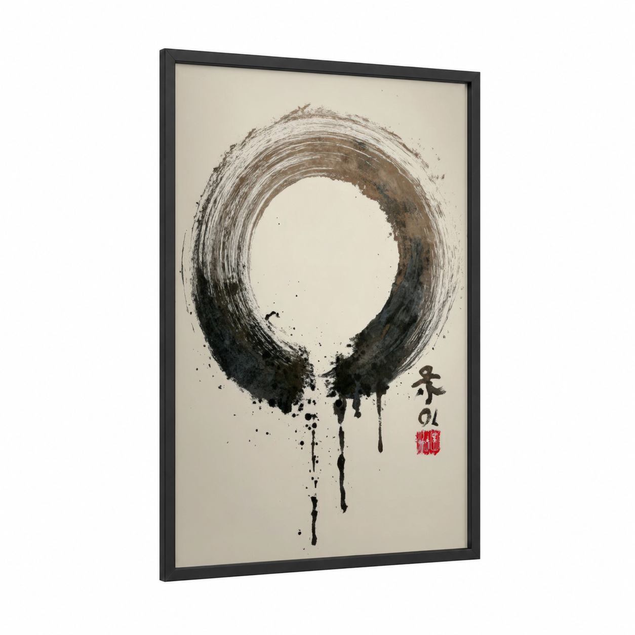 Zen Circle Drip framed abstract minimalist print — black wood frame — black and white and cream palette