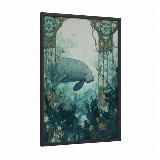 Graceful Manatee framed manatees print — black wood frame — teal and gold palette
