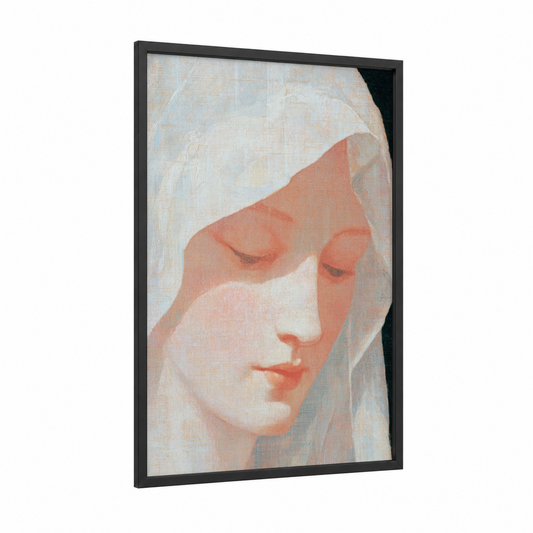 Serene Madonna framed virgin mary print — black wood frame — cream and peach palette