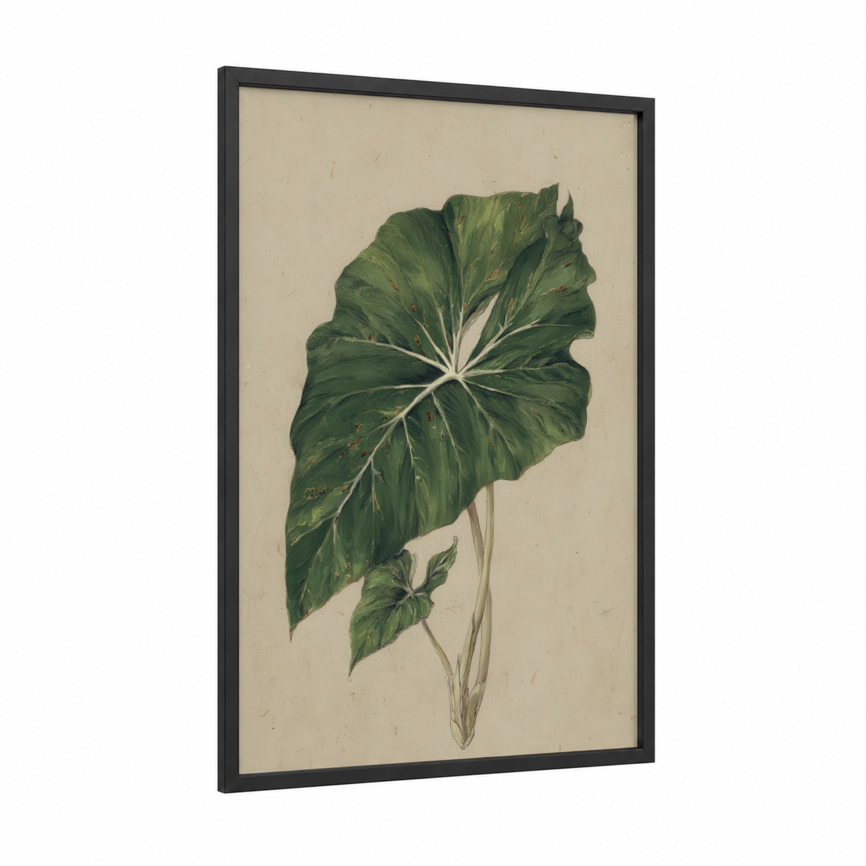 Tropical Leaf Study framed tropical trees print — black wood frame — true green and beige palette