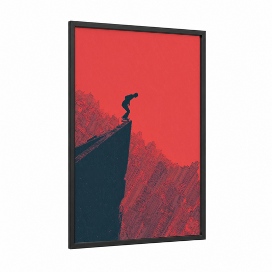 Urban Cliff Skater framed skateboarding print — black wood frame — red and dark blue palette