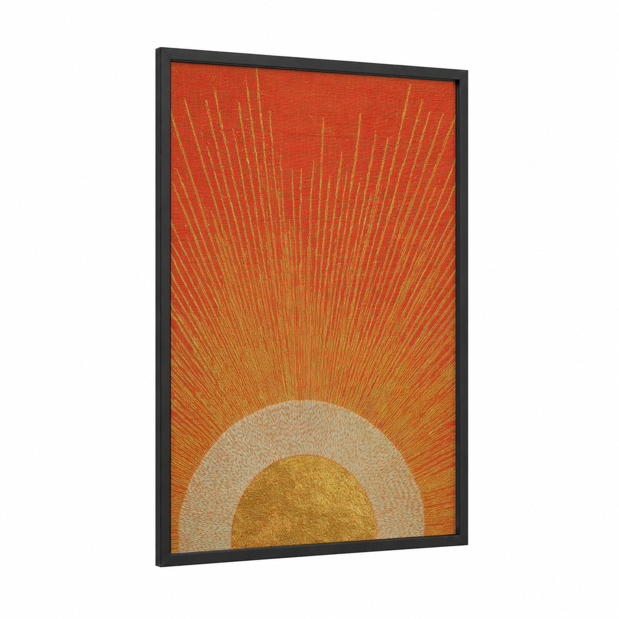 Golden Sunrise framed solar system print — black wood frame — gold and orange palette