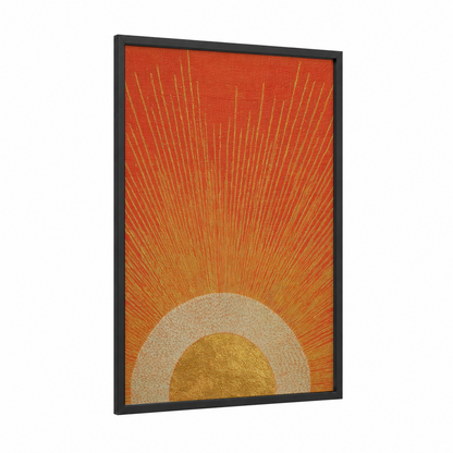 Golden Sunrise framed solar system print — black wood frame — gold and orange palette