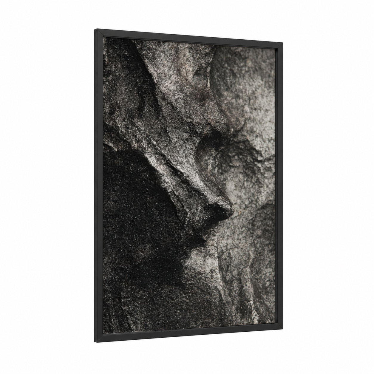 Granite Texture Study framed natural stones print — black wood frame — black and white and gray palette