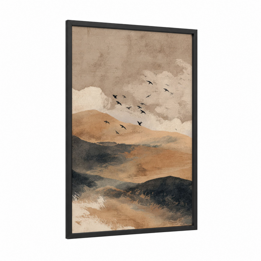 Desert Horizon Flight framed dune print — black wood frame — beige and cream palette
