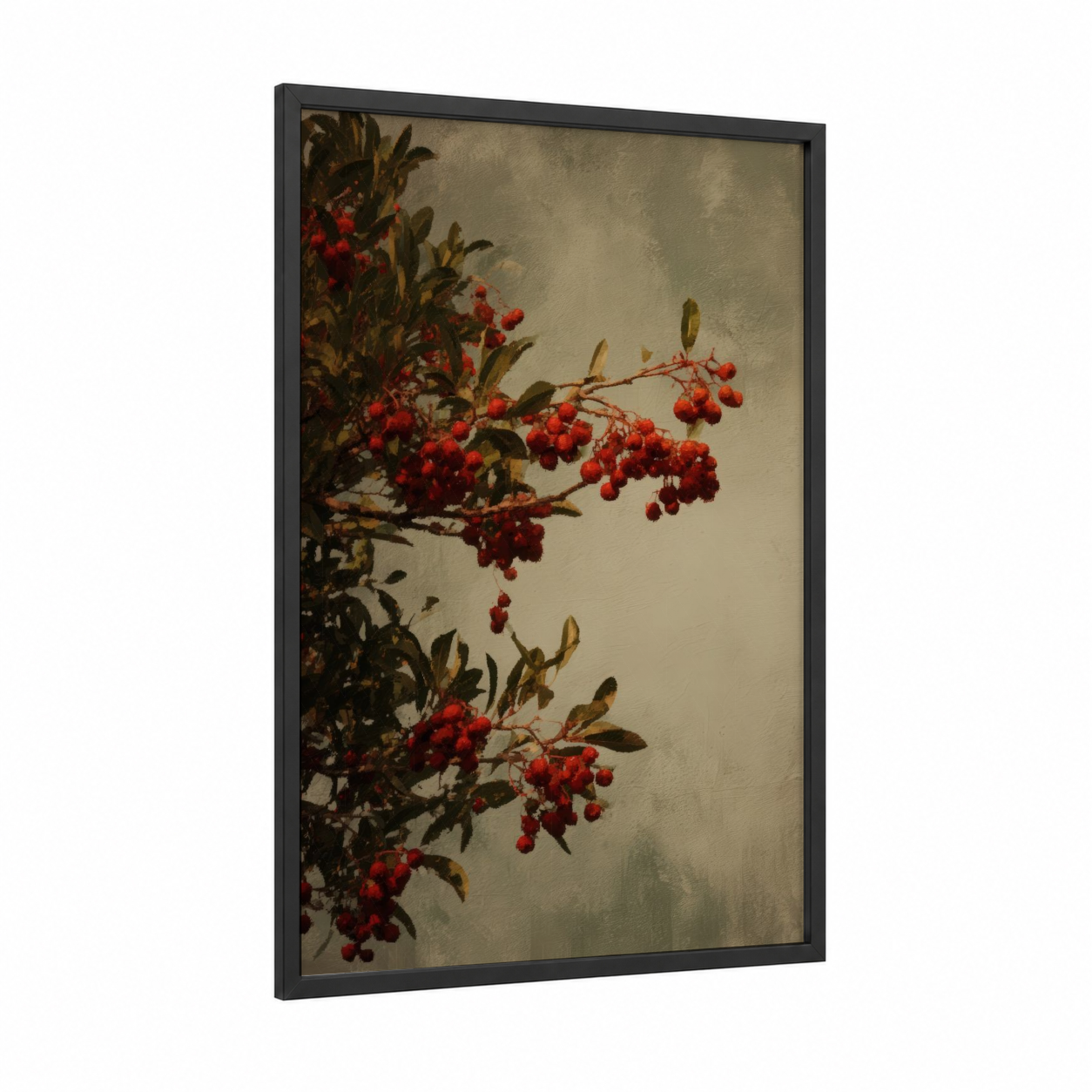 Crimson Arbutus framed arbutus tree print — black wood frame — red and cream palette