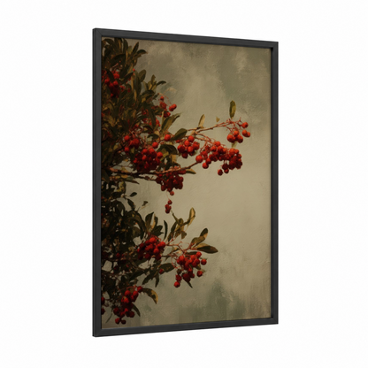 Crimson Arbutus framed arbutus tree print — black wood frame — red and cream palette