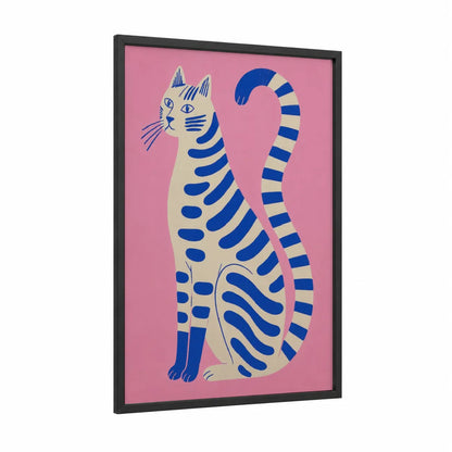 Geometric Striped Cat Wall Art framed art print — black wood frame — pink and blue palette
