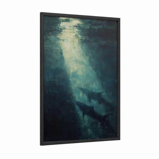 Ascending Sailfish framed art print — black wood frame — teal and dark blue palette