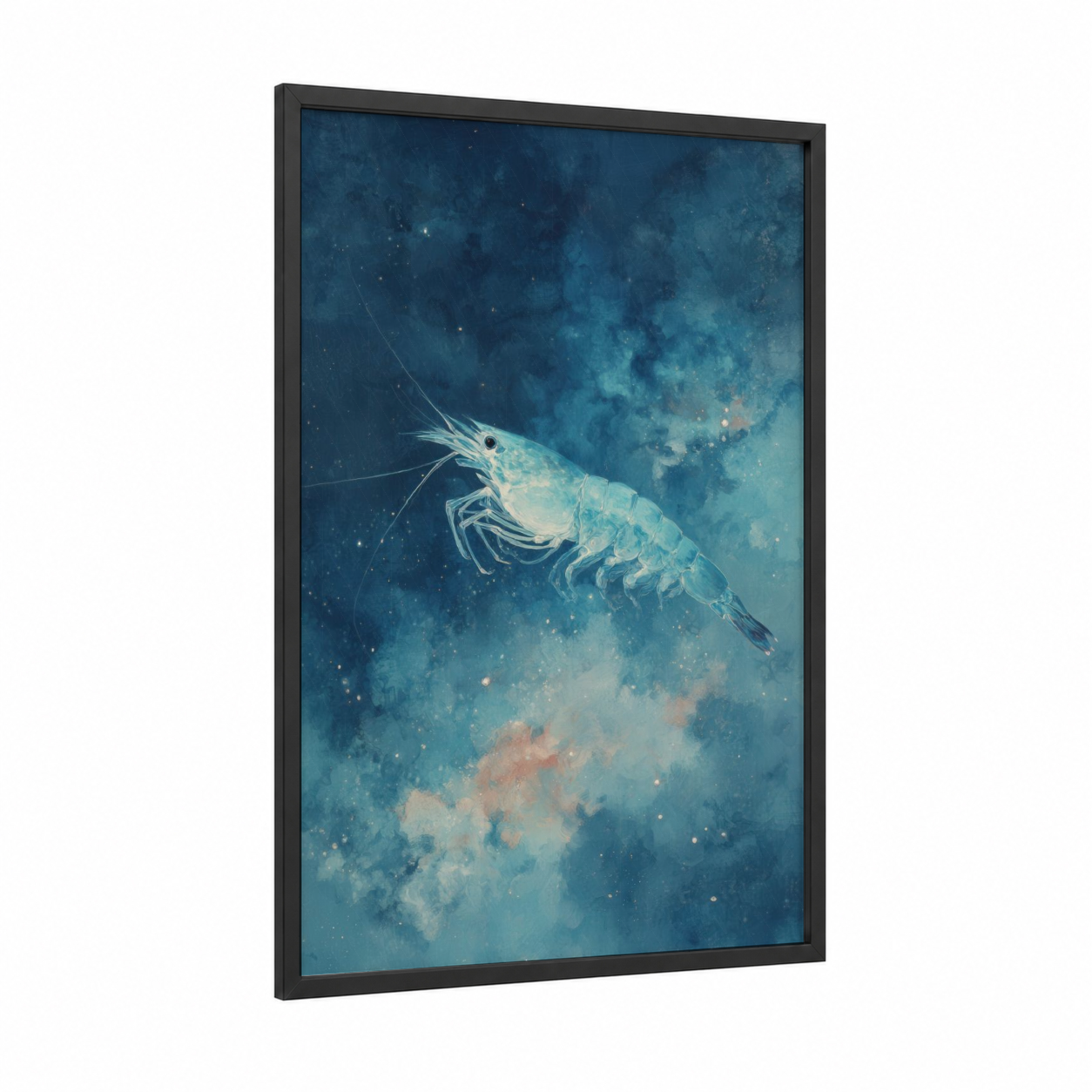 Celestial Shrimp framed art print — black wood frame — blue and turquoise palette