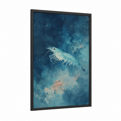 Celestial Shrimp framed art print — black wood frame — blue and turquoise palette