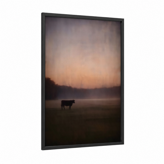Dawn Angus framed angus cow print — black wood frame — peach and lavender palette