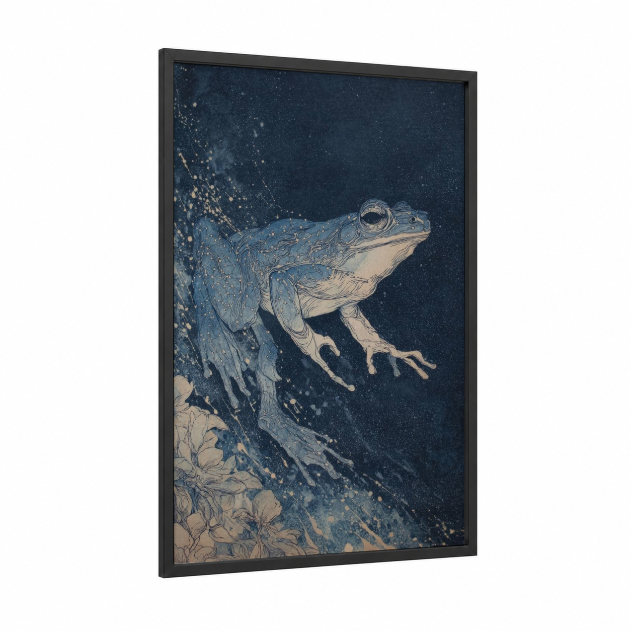 Celestial Frog framed frogs and toads print — black wood frame — dark blue and gold palette