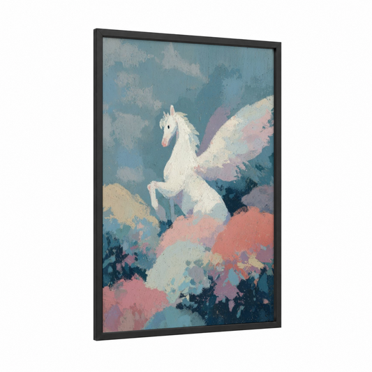 Winged Pegasus framed art print — black wood frame — blue and pink palette