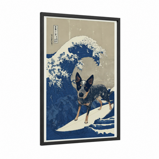 Wave Shepherd Dog framed shepherd dogs and collies print — black wood frame — blue and cream palette