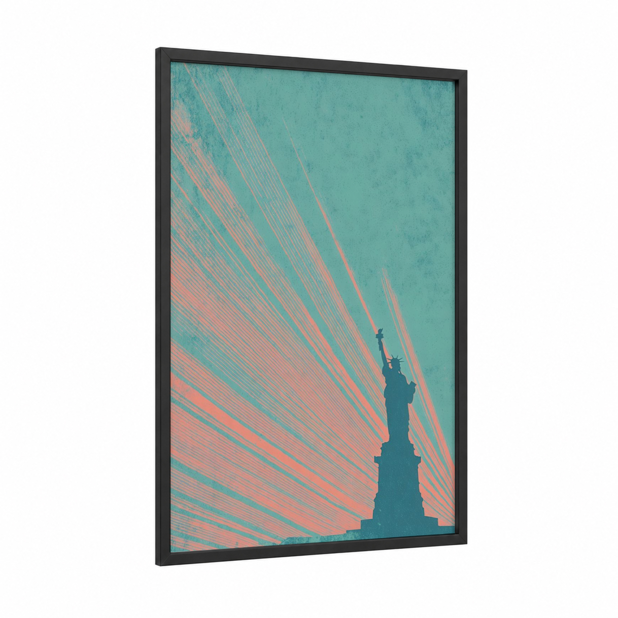 Liberty Radiance framed monuments print — black wood frame — turquoise and salmon pink palette