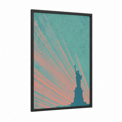 Liberty Radiance framed monuments print — black wood frame — turquoise and salmon pink palette