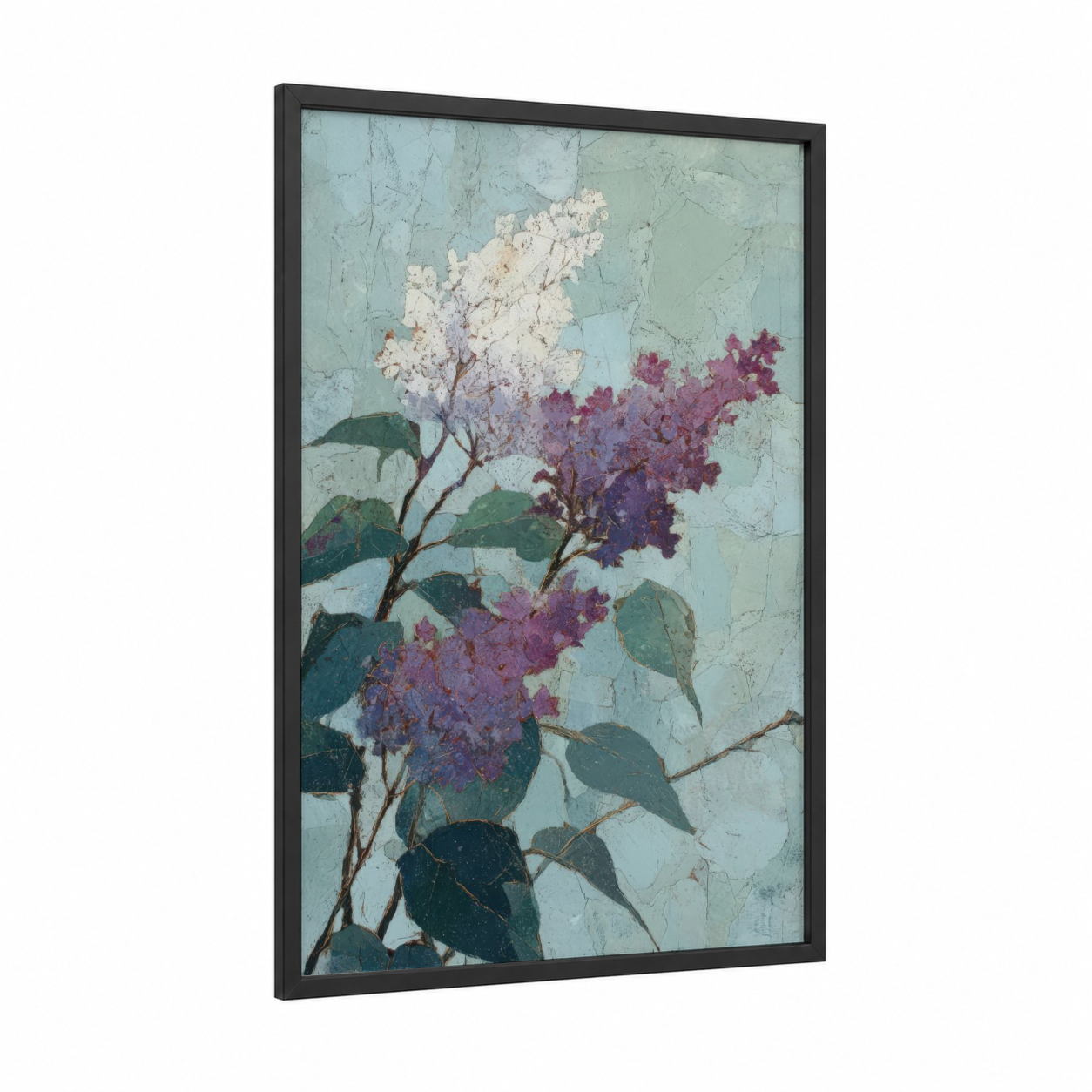 Vintage Lilac framed art print — black wood frame — light green and lavender palette