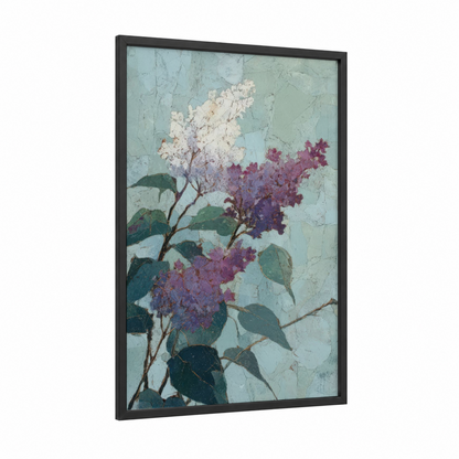 Vintage Lilac framed art print — black wood frame — light green and lavender palette