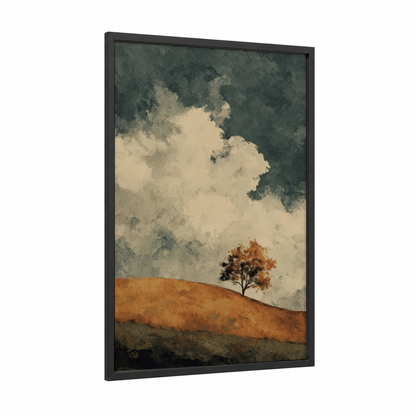 Solitary Linden framed linden tree print — black wood frame — sage green and beige palette