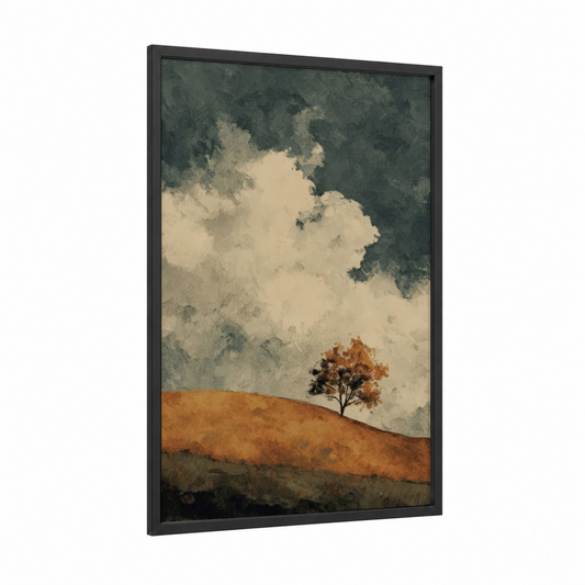 Solitary Linden framed linden tree print — black wood frame — sage green and beige palette