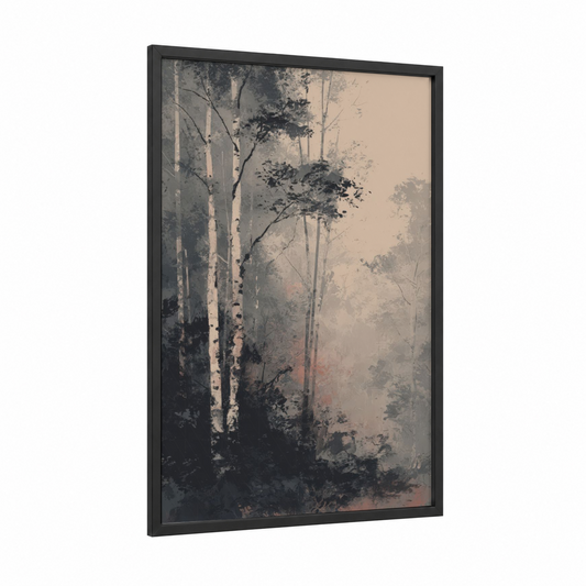 Misty Birch Forest framed art print — black wood frame — gray and cream palette
