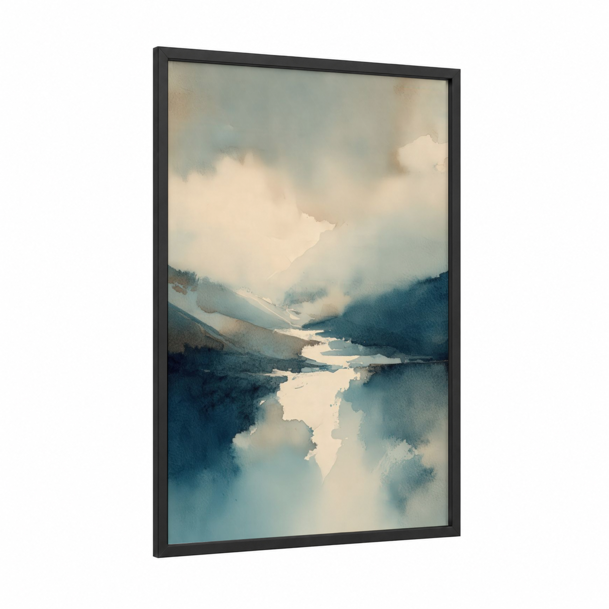 Misty Glacier Valley framed art print — black wood frame — blue and white and gray palette