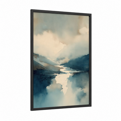 Misty Glacier Valley framed art print — black wood frame — blue and white and gray palette