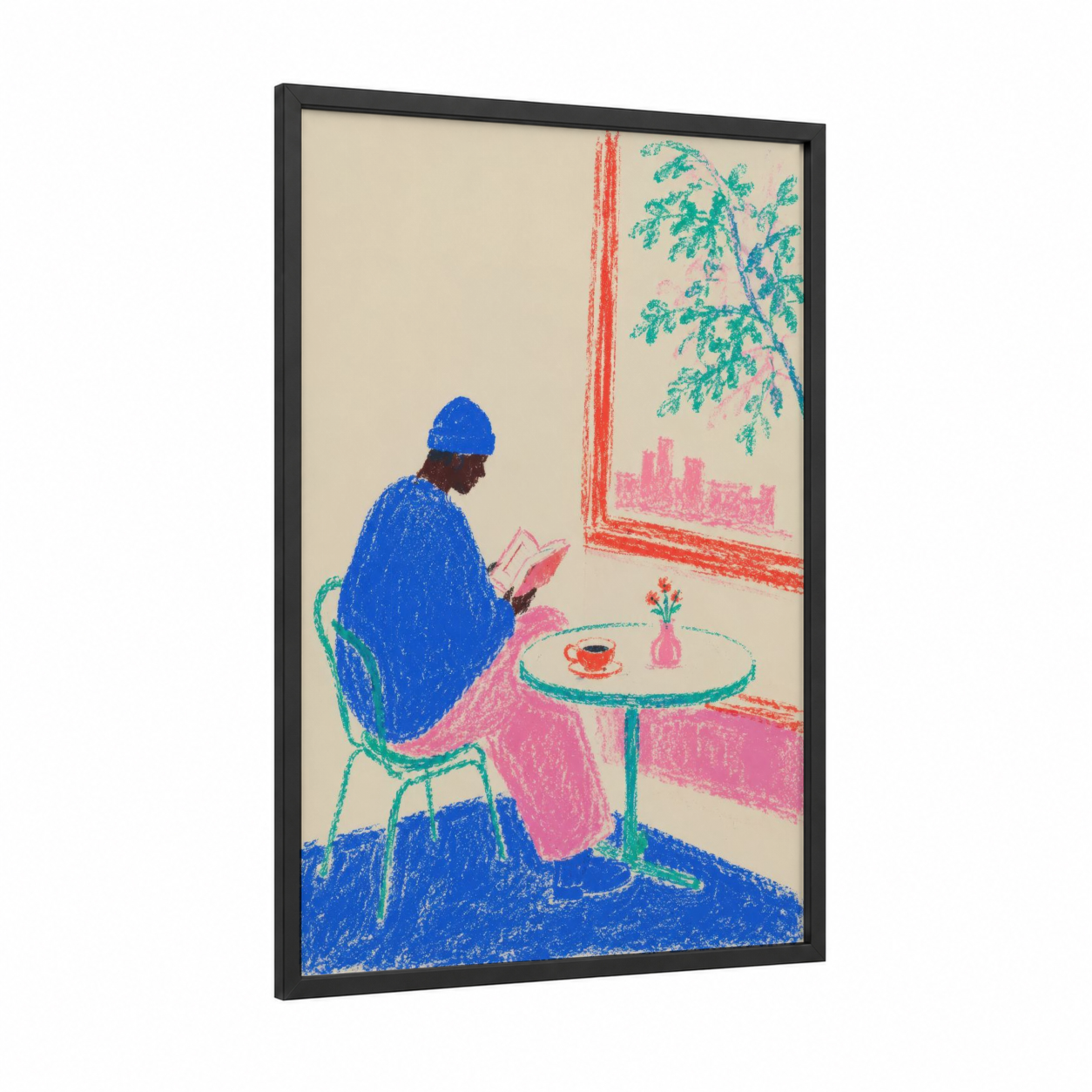 Reading by the Window Wall Art framed art print — black wood frame — blue and pink palette
