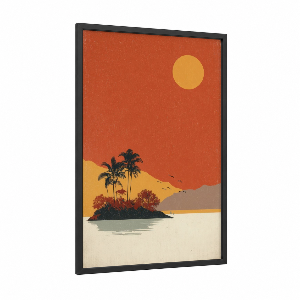 Tropical Island Sunset framed art print — black wood frame — orange and gold palette