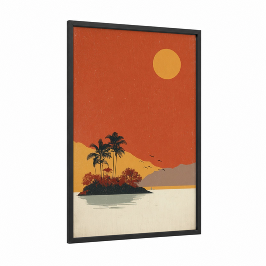 Tropical Island Sunset framed art print — black wood frame — orange and gold palette