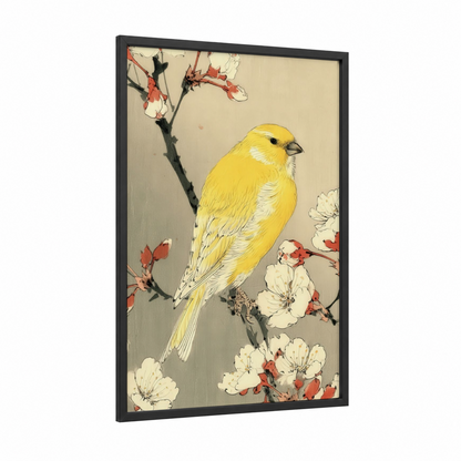 Yellow Finch Blossoms framed canaries print — black wood frame — yellow gold and cream palette