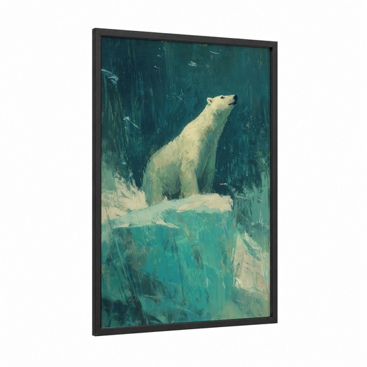 Arctic Sentinel framed polar bear print — black wood frame — teal and white palette