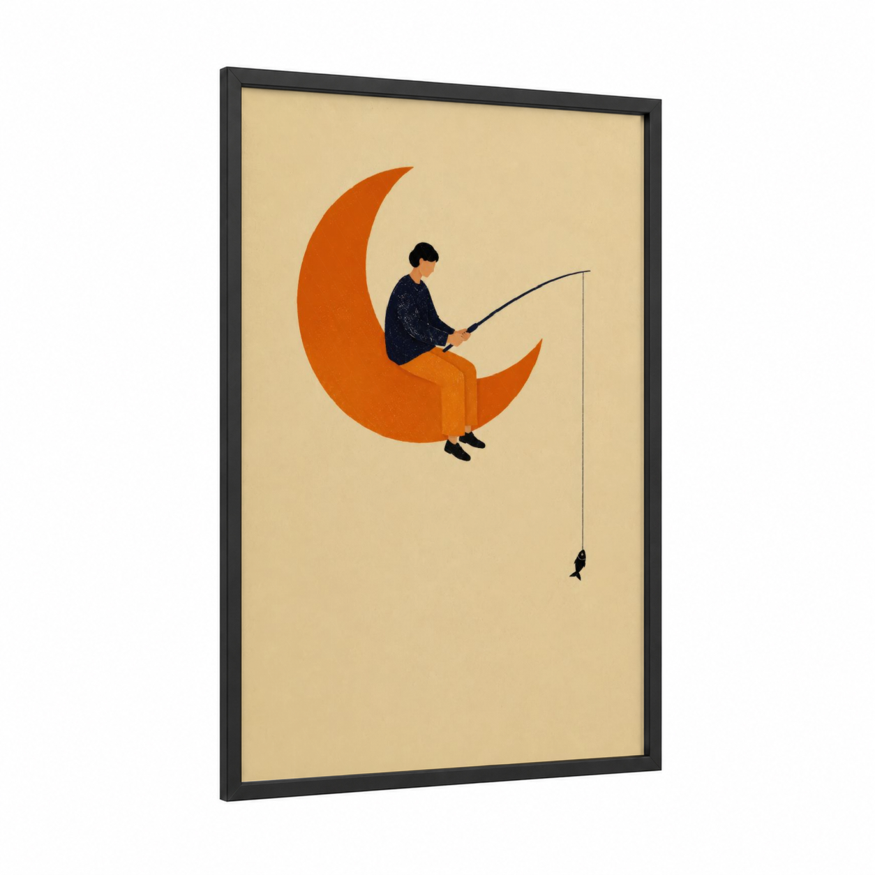 Fishing on the Moon Wall Art framed art print — black wood frame — orange and beige palette