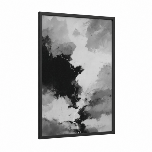 Dramatic Lightning Storm framed art print — black wood frame — black and white palette