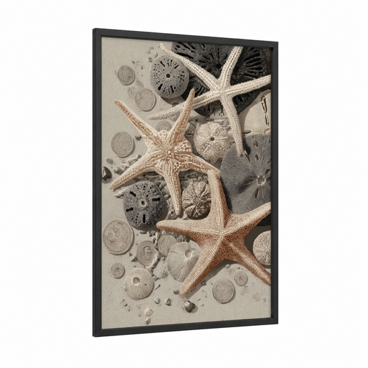Coastal Starfish Collection framed art print — black wood frame — cream and beige palette